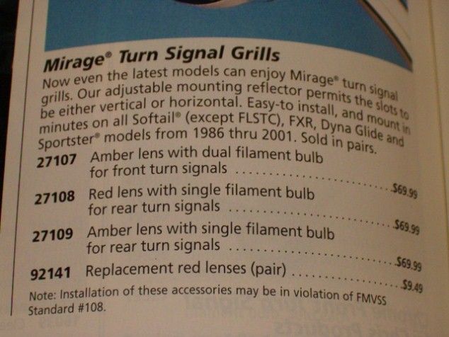 Mirage Rear Turn Signal Grill Kit for 1986 2001 Harleys  