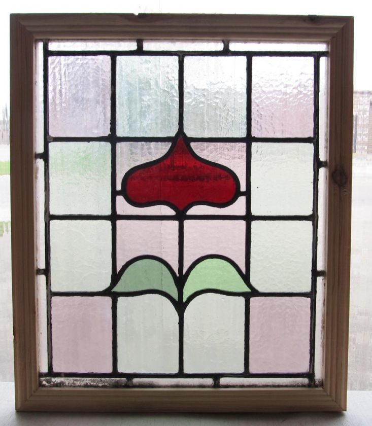 Pair of Antique Stained Glass Windows Five color Ruby Red Tulips 