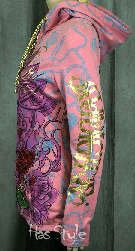 Christian Audigier Womens Sugar Skull Pink Hoodie L  