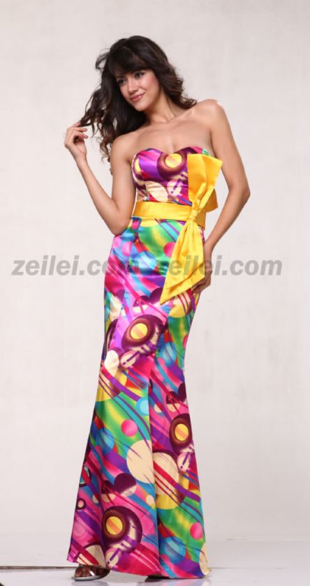 10017 Multi Print Satin Strapless Occasion Prom Pagean  