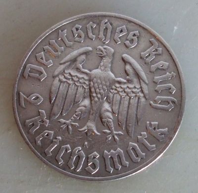 WWII GERMAN NAZI 2 MARK SILVER 1933 Conmemorative 450st Birthday 