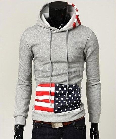 HOT Mens Patched American Flag Hoodie Coat L Grey Z82  