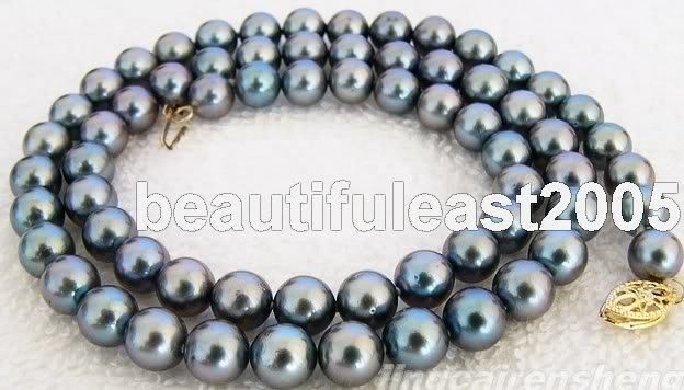 natural 9 10mm black&gray AAA pearl necklace 14k/585  
