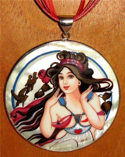   hand painted SHELL pendant MUCHA Music REPRO Christmas GIFT  