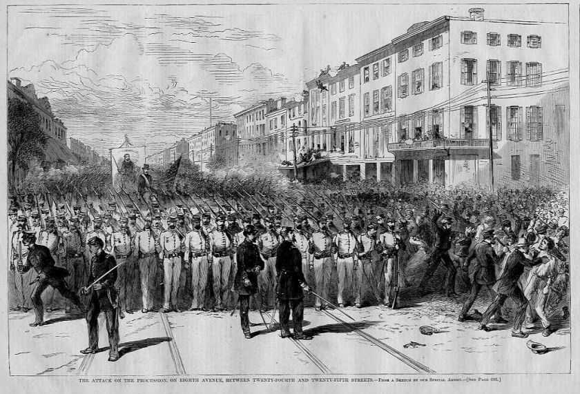 TAMMANY RIOT, ORANGEMEN, POLICE, 1871 ANTIQUE ENGRAVING  