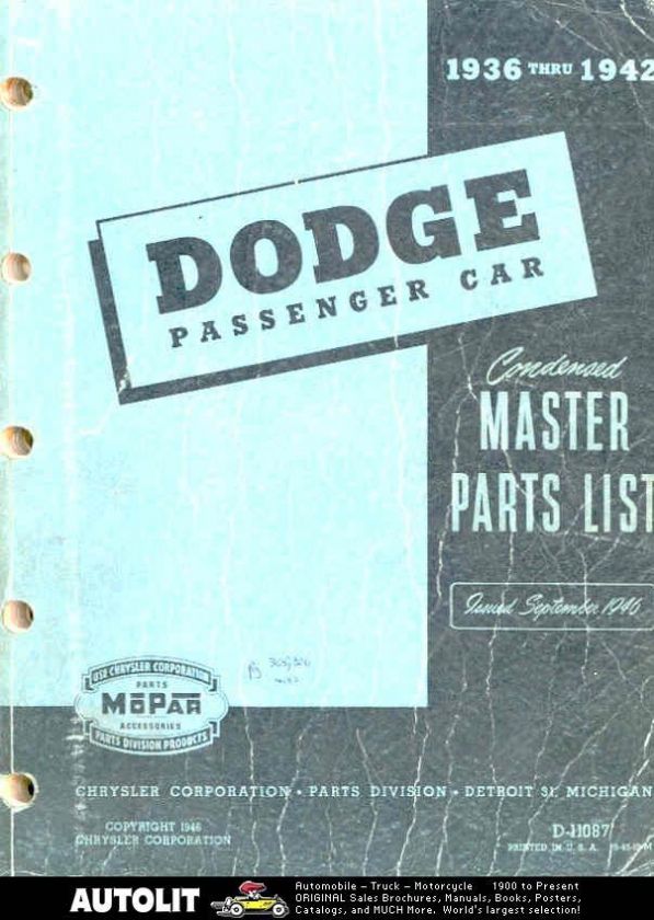1936 1937 1938 1939 1940 1941 1942 Dodge Passenger Car Parts Book 