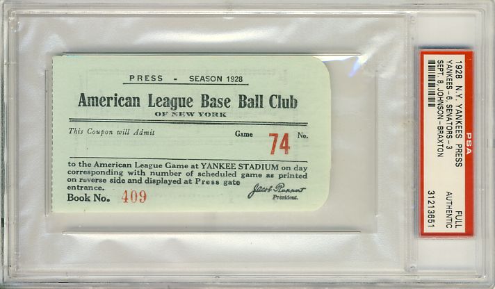 1928 YANKEES vs. SENATORS FULL TICKET PSA BABE RUTH HR  