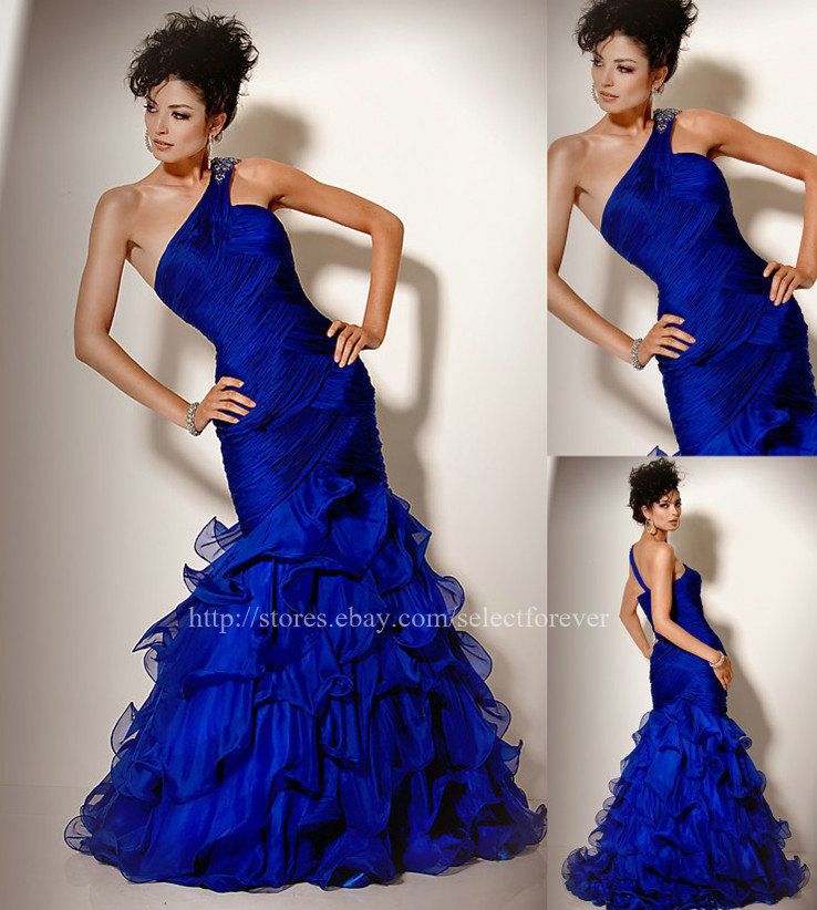 2012 Spring Asymmetrical Organza Mermaid Blue Evening Party Long Prom 