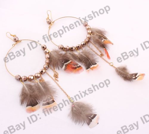 Wholesale lot 12pairs hoop pheasant feather gold p earrings beaded 