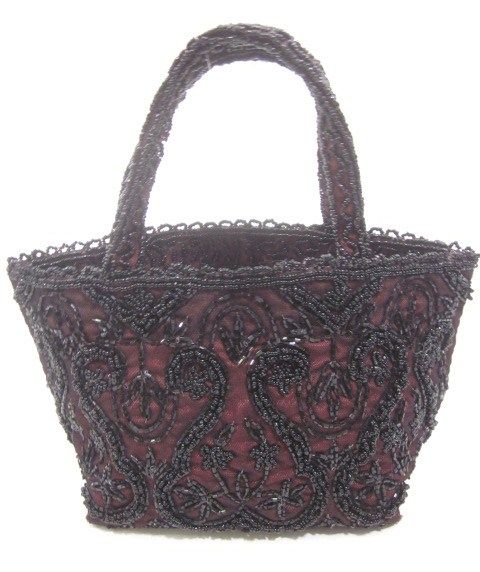 MOYNA Maroon Black Beaded Small Tote Handbag  