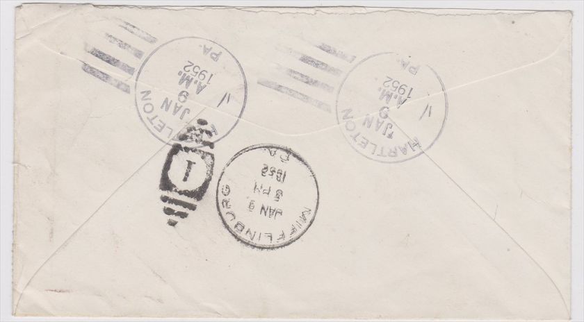 Hartleton PA to Mifflinburg 1952 Registered Cover  