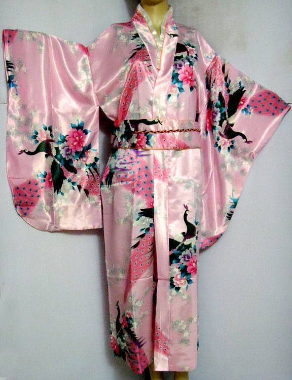 Japan Peacock Kimono Dress Robe Night Gown Pink WKD 12  