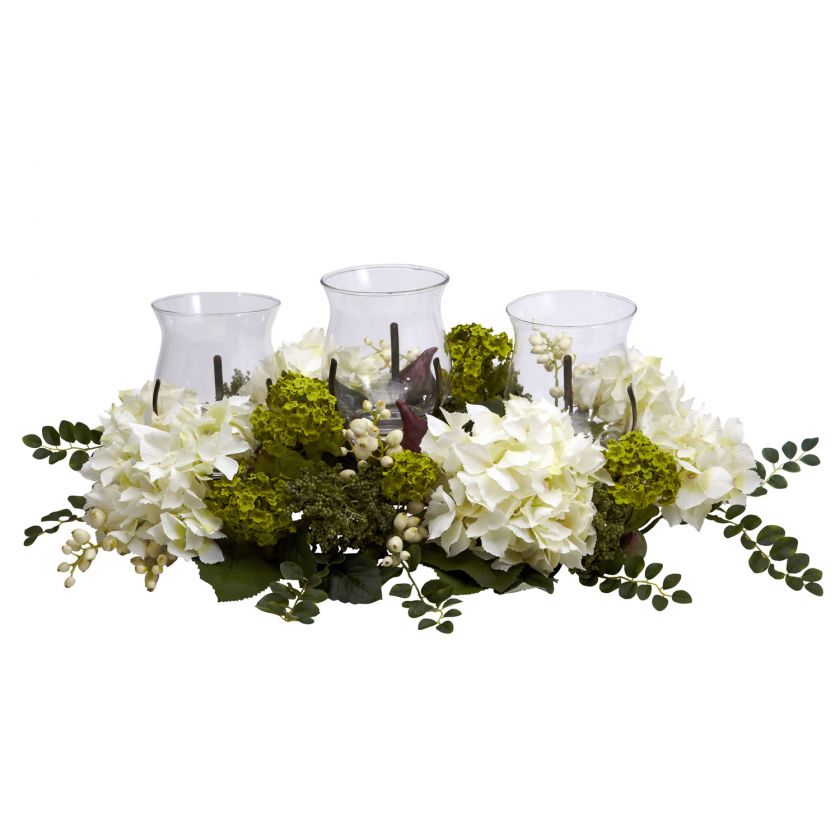 Snowball White Silk Hydrangea Triple Candelabrum Candleholder 