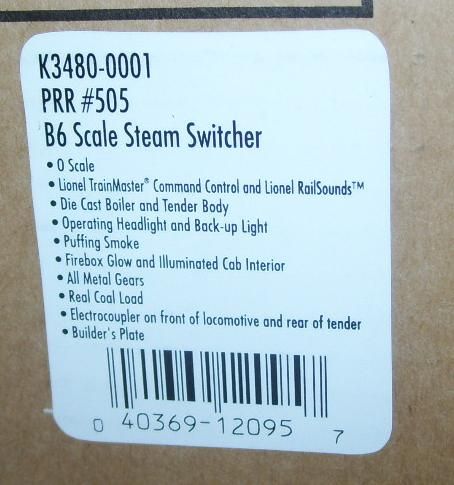 LINE O DIE CAST 3480 0001 PRR #505 B6 STEAM SWITCHER  