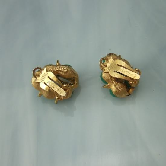 Green Glass Faux Jade Marvella Vintage Clip Earrings  