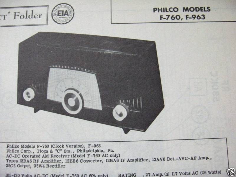 PHILCO F 760 & F 963 RADIO PHOTOFACT  