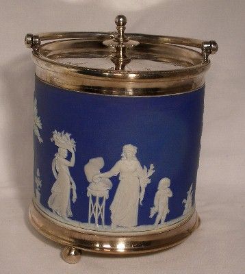 WEDGWOOD Jasperware Biscuit Barrel Dark Blue Silver Lid  