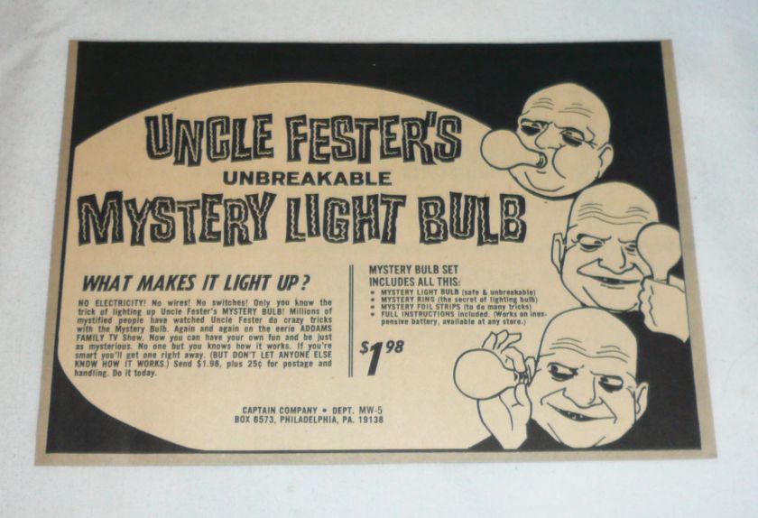 1965 Addams Family toy ad ~ UNCLE FESTER LIGHT BULB  