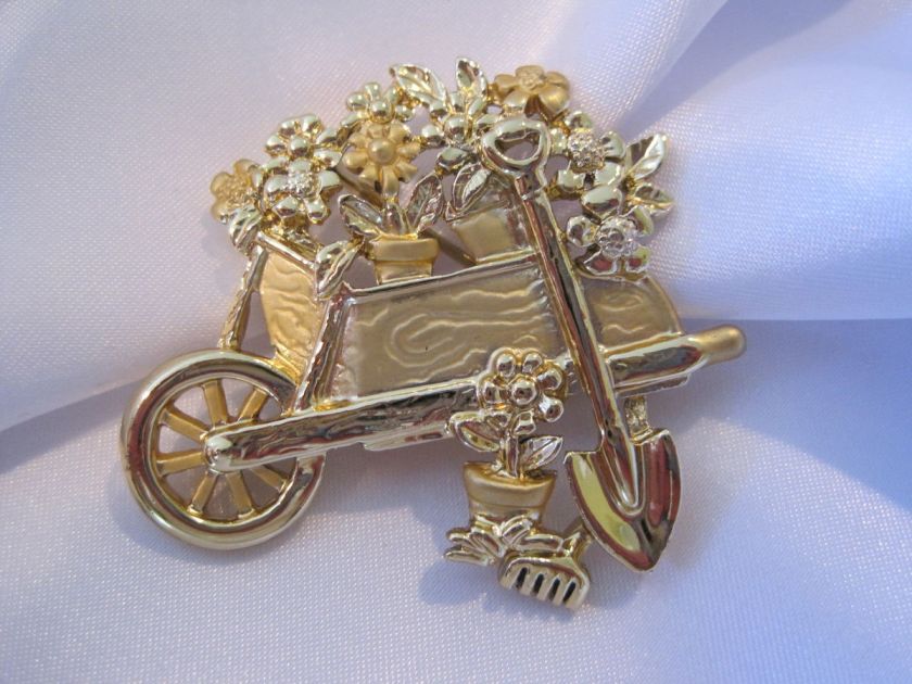 Vintage AJC Garden Cart Brooch Gold Tone Flowers Signed  