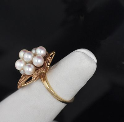 Vintage Akoya Pearl Cluster 14k Rose Gold Bow Ring  