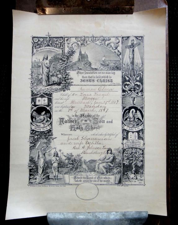 1887 antique BAPTISM CERT AMMON E. LENGEL millbach,pa  