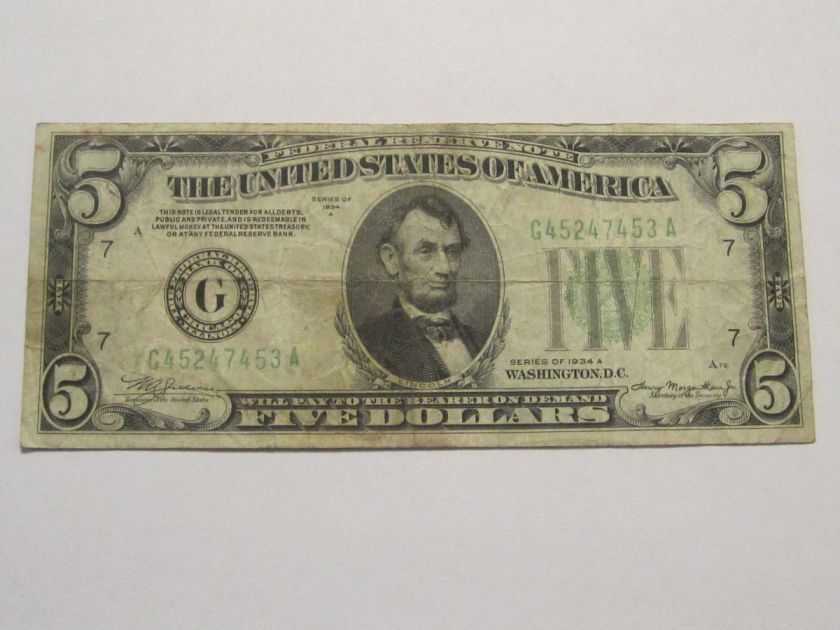 1934 A Five Dollar U.S. Federal Reserve Note, $5, 7453A, Chicago,IL 