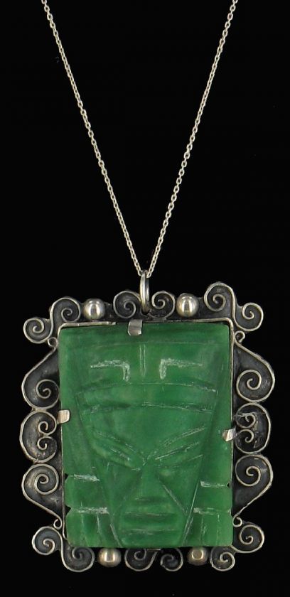 VINTAGE STERLING MEXICO AZTEC JADE CARVED FACE PIN NECKLACE  