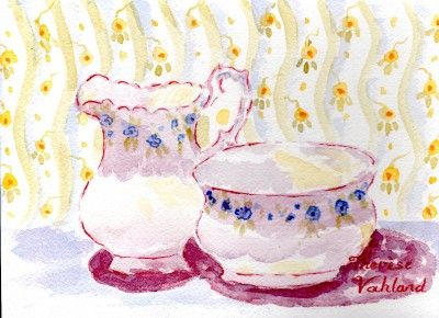 Watercolour Painting, Vintage Cup & Saucer Original  