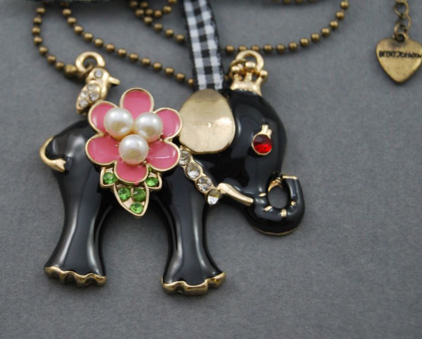 BETSEY JOHNSON ENAMEL CRYSTAL BALCK ELEPHANT NECKLACE  