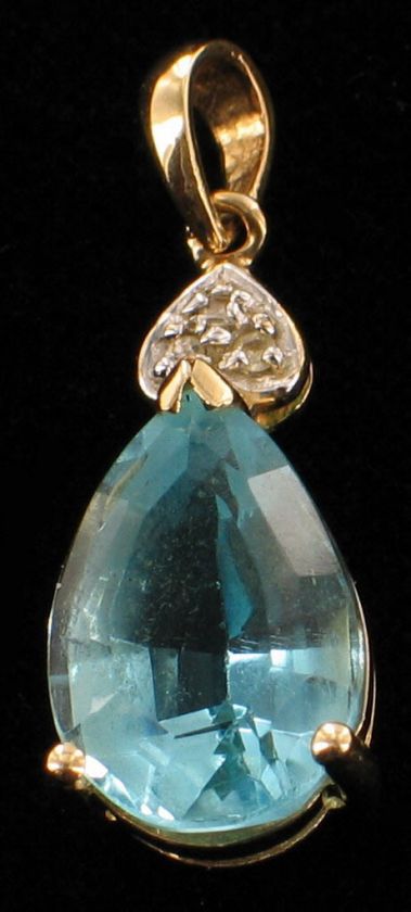 VINTAGE 14K YELLOW GOLD 3.75CT BLUE TOPAZ PEAR PENDANT DROP DIAMONDS 