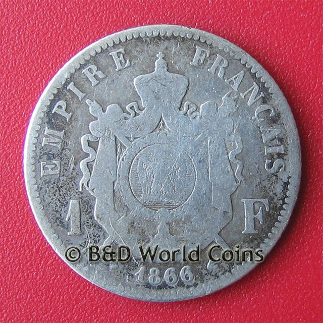 FRANCE 1866 BB 1 FRANC SILVER STRASBOURG NAPOLEON III  