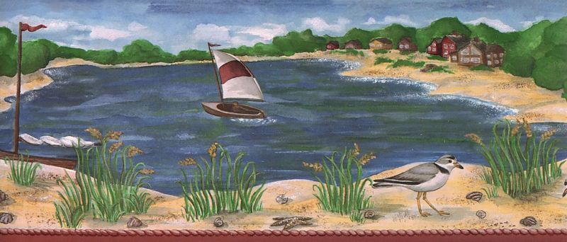 WALLPAPER BORDER BEACH SCENE WITH SAIL BOAT  