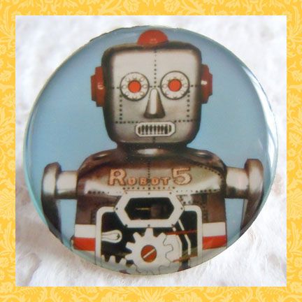 Bubble dome RETRO TIN TOY ROBOT PIN BUTTON blue pinback  