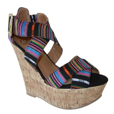 Fab Star Style Vibrant Tribe Patterning X Straps Cork Platform Wedge 