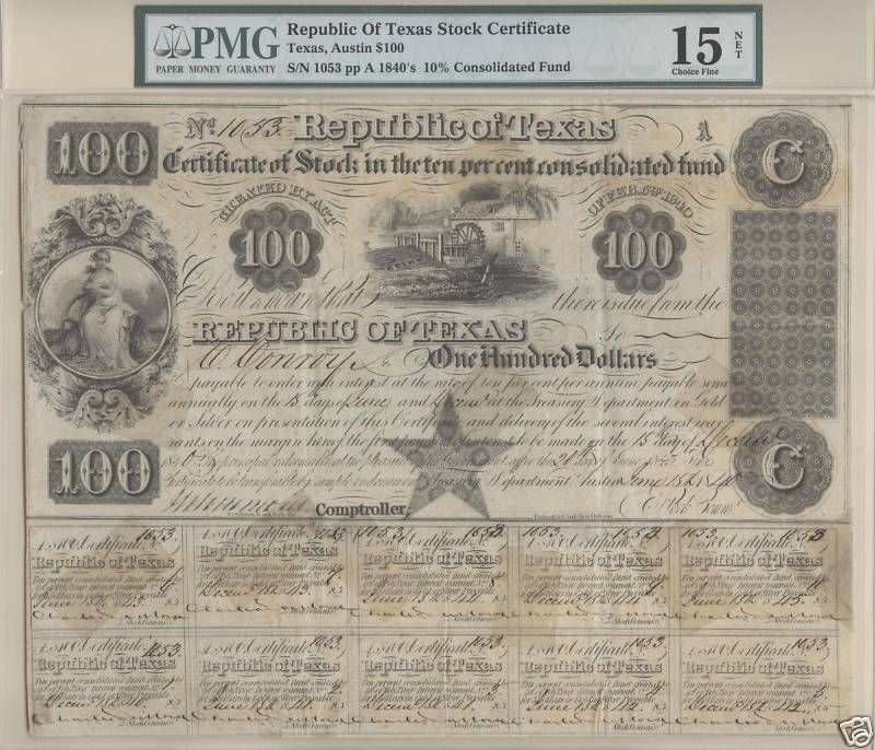 1840 Republic of Texas Certificate of Stock Just in Time for the 