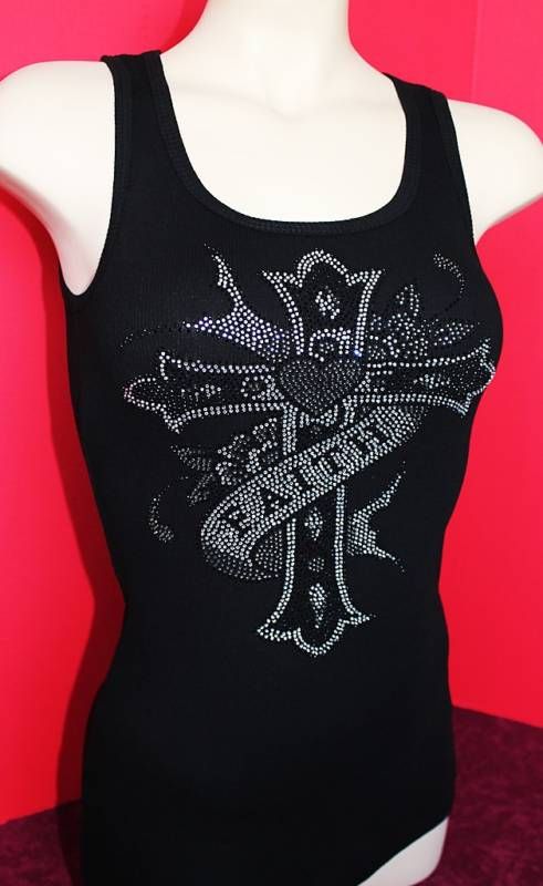 CRYSTAL TATTOO FAITH CROSS TANK TOP NEW MADE IN USA  