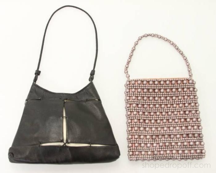  Black Leather & Dusty Rose Beaded Evening Handbag Set 