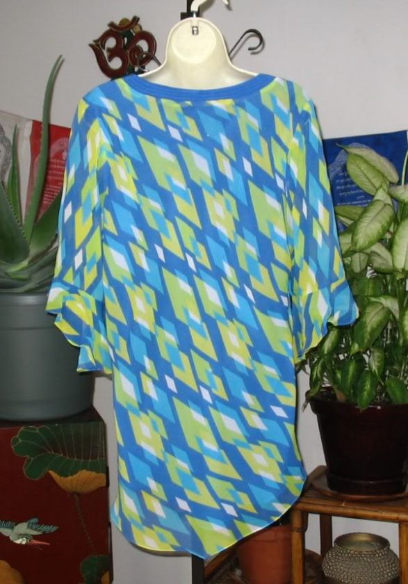 BOB MACKIE Wearable Art Beautiful Blues & Chartreuse Silk Tunic Top L 