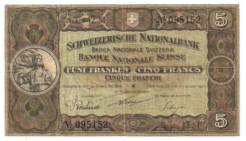 Switzerland   Old 5 Franken Note   1921   P11e   VF  