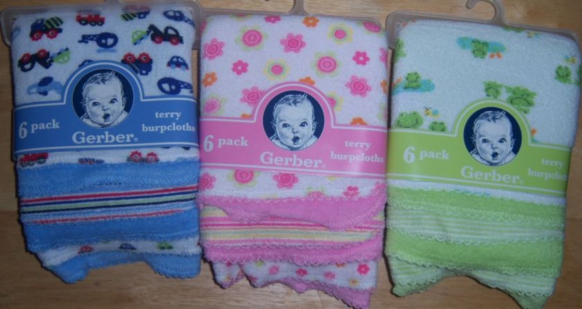 Gerber 6pk Burp Cloths,, Baby Shower, Diaper Cake, Flower, Car, Frog 