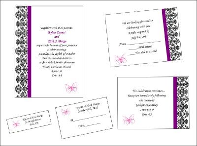 100 PURPLE DAMASK BUTTERFLY WEDDING INVITATIONS W/ EXTRAS  