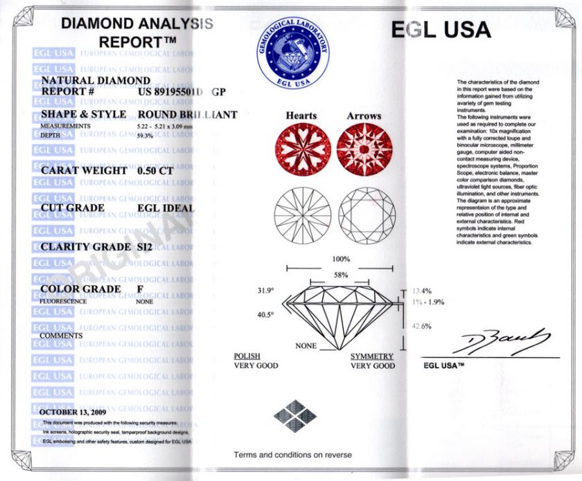 50CT F SI2 EGL CERT ROUND IDEAL+ HEARTS & ARROWS RING  