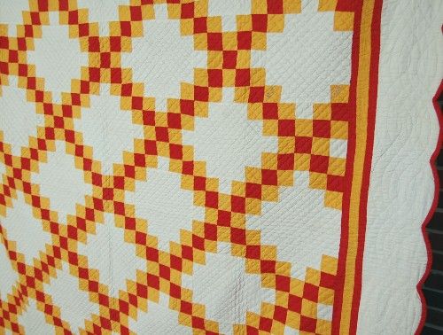 1880s Red & Cheddar Triple Irish Chain Antique Quilt  