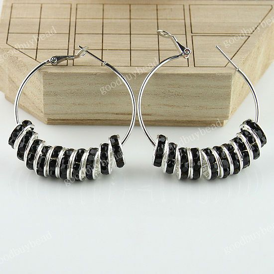   CRYSTAL SILVER SPACER BEADS FASHION CIRCLE HOOP EARRINGS 40MM  