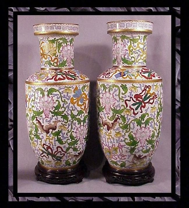 Pair) Chinese White Cloisonne Vases (18) pre 1900  