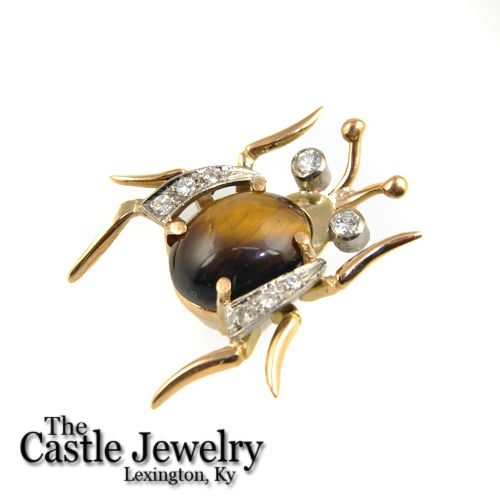 VINTAGE SCARAB CATS EYE DIAMOND BEETLE PENDANT 18K YG  