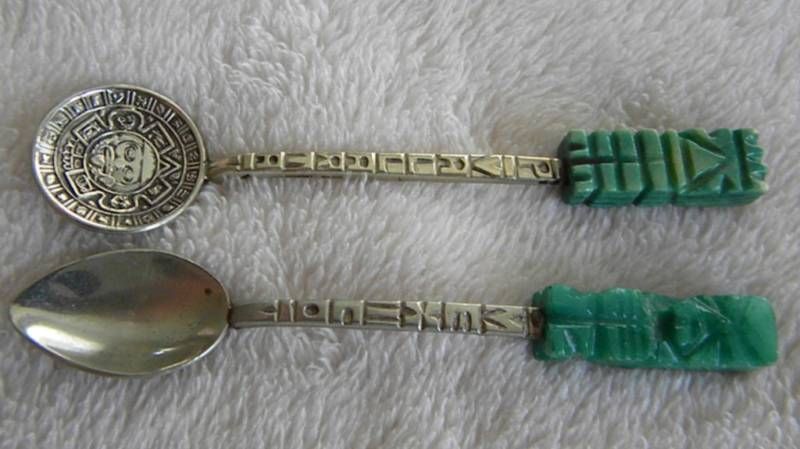 Souvenir Spoons Mexico Silver Green Jade  