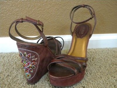 Guess Shoes Wedge Brown Sandal Suede Ankle Ilene 7M  