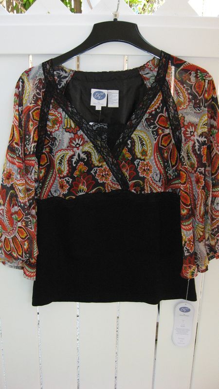 NEW DIANE GILMAN DG2 BLACK KNIT BAND CHIFFON TOP LARGE  