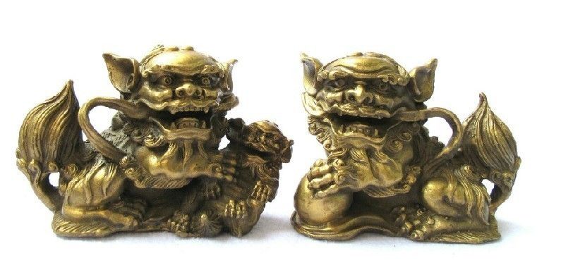 Small Pair Chinese Bronze Foo Dogs Guardian Lions Figurines 4long 